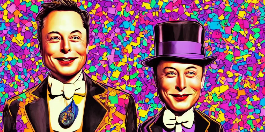 Prompt: Elon Musk as Willy Wonka, created by Jeremiah Ketner