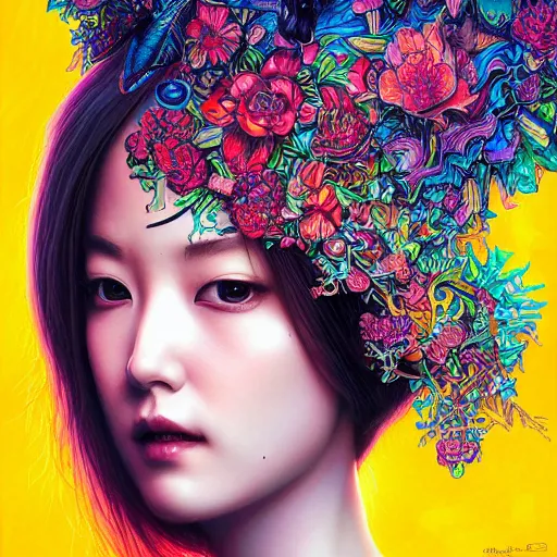 Image similar to portrait of park min young, hyper detailed masterpiece, neon floral pattern, jean giraud, digital art painting, darkwave goth aesthetic, psychedelic, artgerm, donato giancola and tom bagshaw