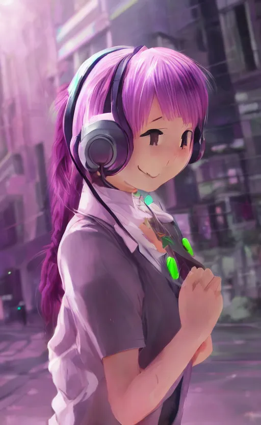 Image similar to anime girl with pink ponytail, wearing purple headphones, wearing a green sweater, with a smile on her face and her eyes closed, walking down a street, dynamic lighting, photorealistic fantasy concept art, trending on art station, very detailed, anime concept art, stunning visuals, creative, cinematic, ultra detailed