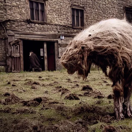 Image similar to horror, moody, still from film, daytime, muddy village square, wide shot, screeching mutant goat monster, powerful and huge, creeping on legs with hands, mouth crammed full of filthy jagged teeth, matted brown fur, in muddy medieval village square