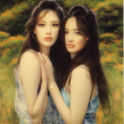 Image similar to a portrait of two beautiful 3 0 year old sisters in a scenic environment by noriyoshi ohrai