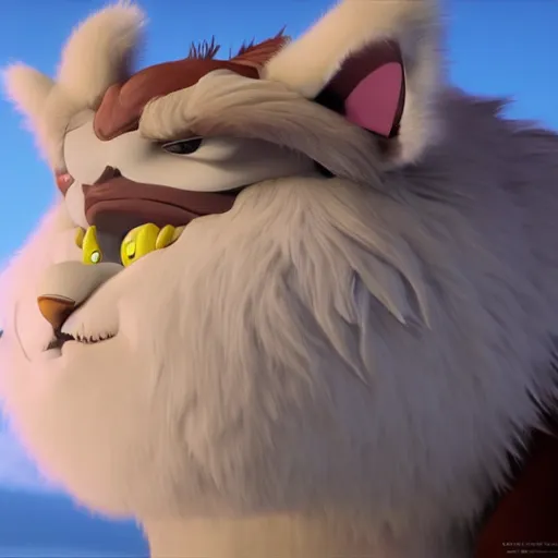 Image similar to guy with a furr creature, climatic atmosphere made by studio ghibli, smooth, detailed face,, beautiful scene, 8k, clear