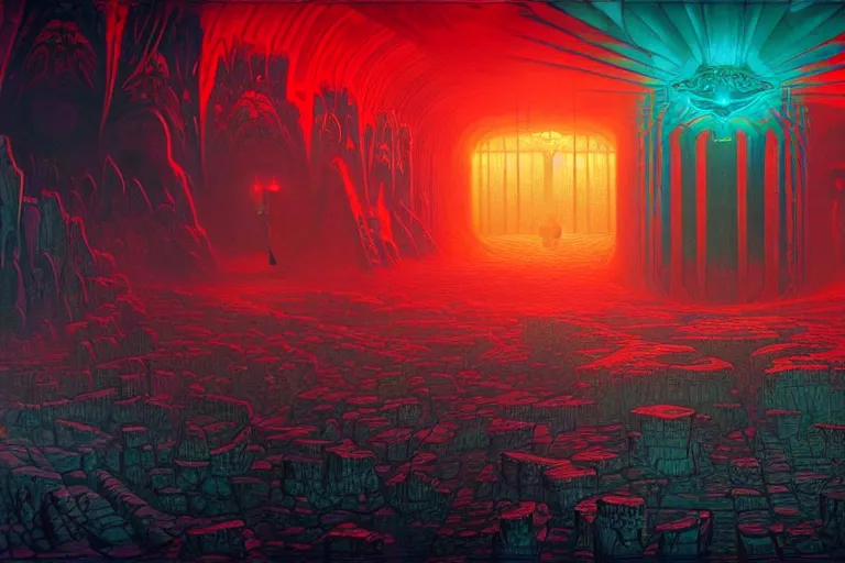 Image similar to the inside of a symmetrical hellish dungeon, matte painting, 4 k, epic composition, volumetric light, abstract illusionism, by william stout, kilian eng, damien hirst, pour paint