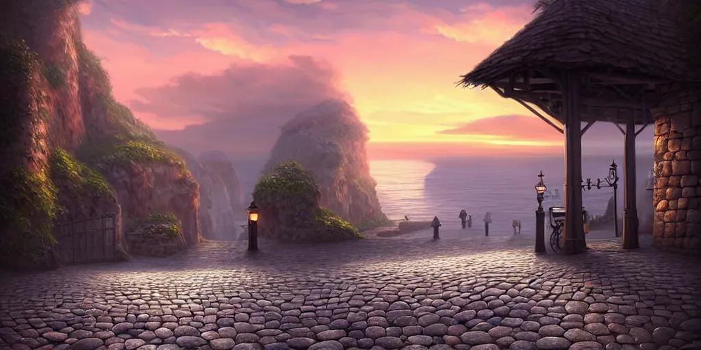 Prompt: epic professional digital art of a lonely cobblestone street with a kiosk on a cliff over the sea at sunset, best on artstation, cgsociety, wlop, Behance, pixiv, astonishing, impressive, outstanding, epic, cinematic, stunning, marketing design, gorgeous, much detail, much wow, masterpiece.