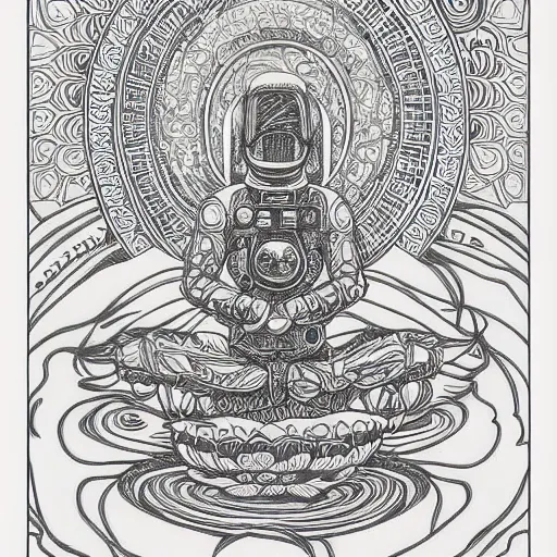 Image similar to meditating astronaut sitting in a lotus flower, psychedelic illustration by Aaron Horkey, photorealism, intricate, line-drawing, black ink on white paper