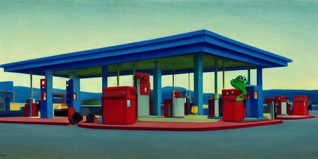 Image similar to painting by edward hopper, gas station at dusk, 1 9 4 0, kermit the frog is robbing the gas station