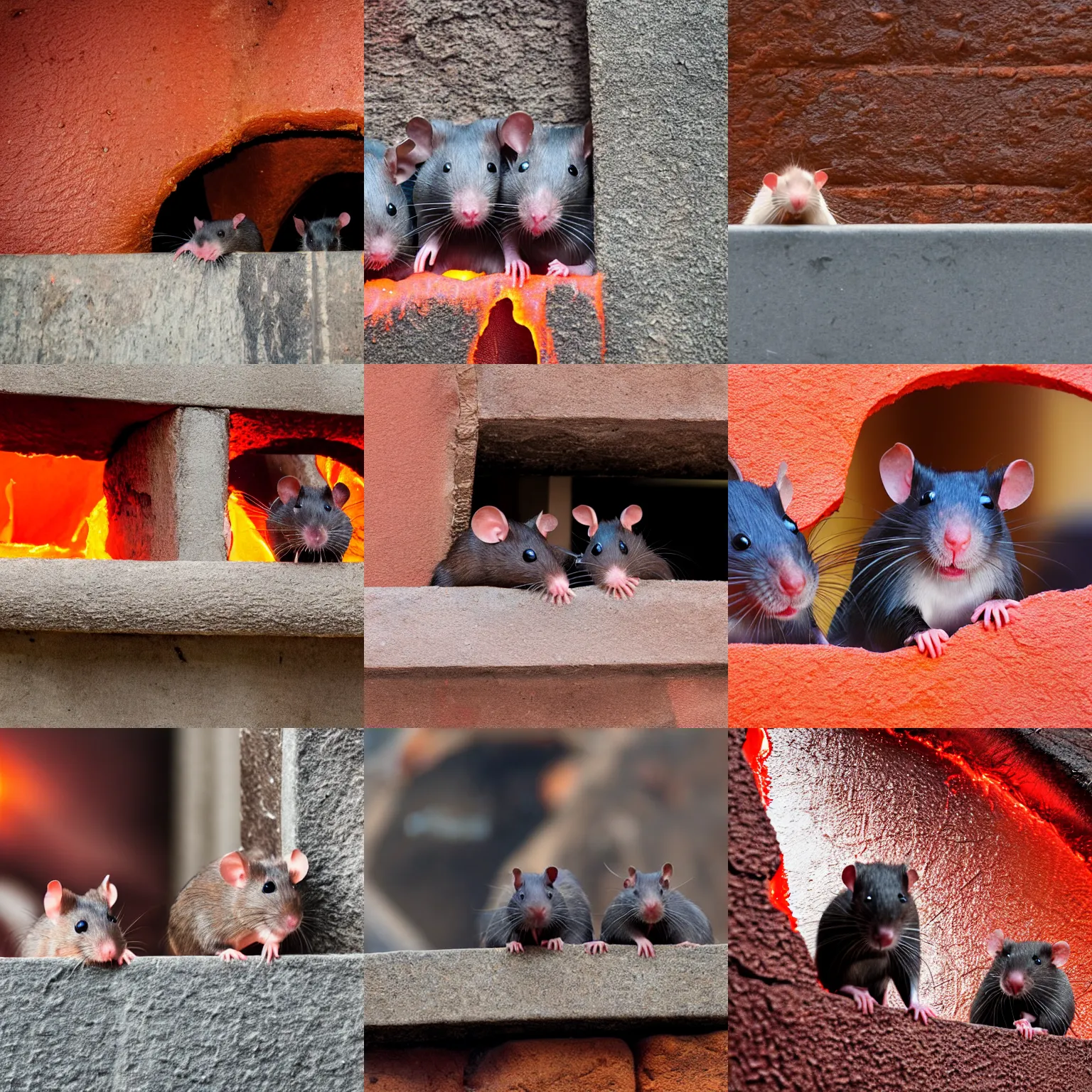 Prompt: two rats peeking down a ledge at hot molten lava