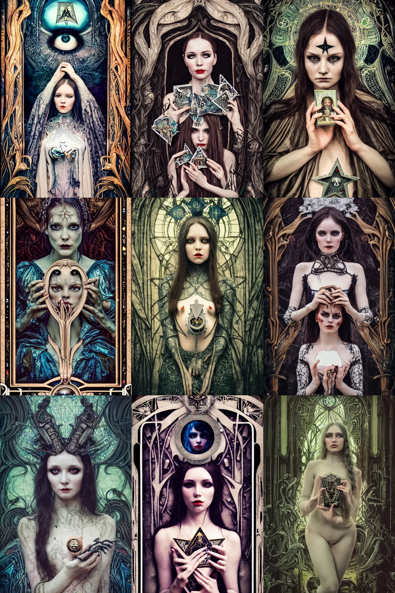 Prompt: Cinestill 50d, 8K, highly detailed, major arcana H.R Giger art nouveau nightmare Agnieszka Lorek tarot star card style 3/4 card portrait, eye contact, focus on card, tilt shift background: famous major arcana tarot remake, transformation scene