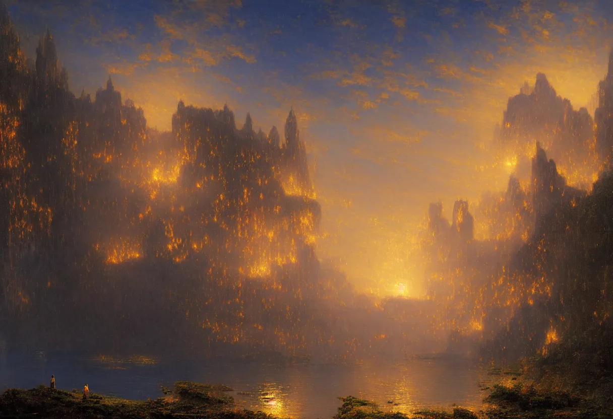 Prompt: a beautiful ultradetailed painting of a single gilded cathedral at the edge of a cliff next to a deep blue sea illuminated by orange fireflies, albert bierstadt, makoto shinkai, 8 k, light effects, trending on artstation