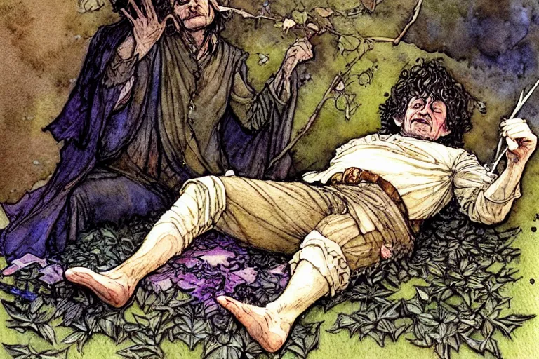 Image similar to a realistic and atmospheric watercolour fantasy character concept art portrait of bilbo baggins lying on his back freaking out with a pot leaf nearby, by rebecca guay, michael kaluta, charles vess and jean moebius giraud