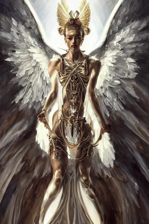 Prompt: a professional painting of a beautiful archangel woman, warhammer style , olive skin, long dark hair, beautiful bone structure, symmetrical facial features, intricate, elegant, digital painting, concept art, smooth, sharp focus, illustration, from Metal Gear, by Ruan Jia and Mandy Jurgens and Artgerm and William-Adolphe Bouguerea