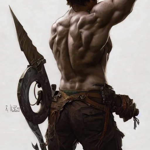 Prompt: portrait of the back of rugged male ranger, masculine, D&D, muscular, fantasy, intricate, elegant, highly detailed, digital painting, artstation, concept art, smooth, sharp focus, illustration, art by artgerm and greg rutkowski and alphonse mucha