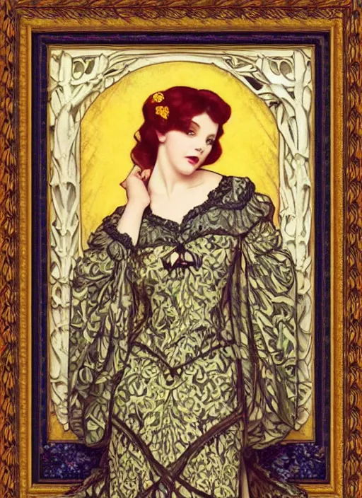 Image similar to masterpiece beautiful seductive curvey pose preraphaelite portrait photography, hybrid of judy garland and zooey deschanel, straight jagged fringe, yellow ochre ornate medieval dress, william morris and kilian eng and mucha, framed, 4 k