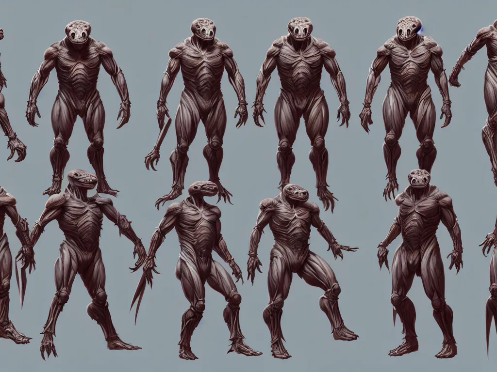 Image similar to game concept art sprite sheet, concept art, muscular, exoskeleton, bat head, turtle skin, hyperrealism, fine detail, artstation, cgsociety, zbrush, no background