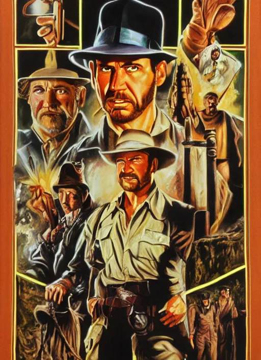 Image similar to 1 9 8 6 poster for indiana jones and the last crusade. oil on canvas. print.