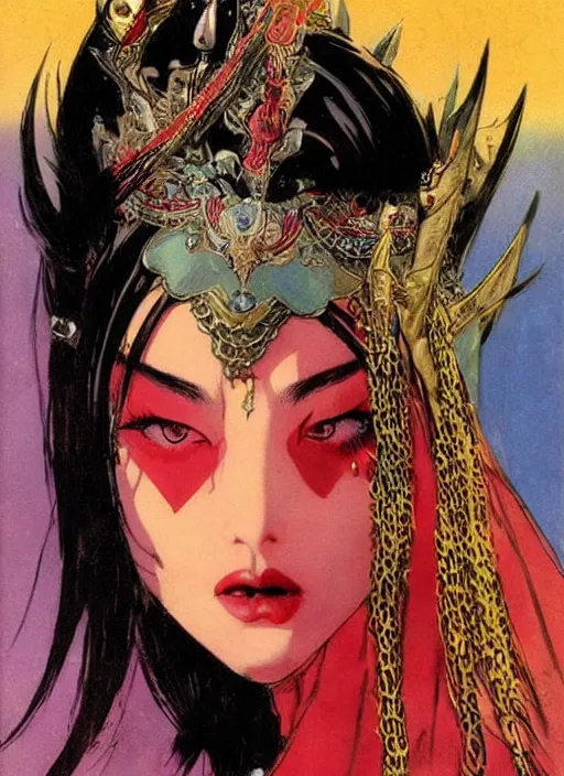 Image similar to female korean vampiress, jeweled headdress, heavy mascara, strong line, saturated color, beautiful! coherent! by frank frazetta, high contrast, minimalism