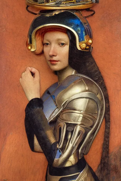 Image similar to portrait of the space queen with her helmet and regalia, by Annie Swynnerton and Nicholas Roerich and John Bauer and John William Godward and Donato Giancola and Vermeer, black leather and embroidered velvet, iridescent beetles, rich color, lost runes, ancient civilizations, dramatic cinematic lighting, featured on Artstation, extremely detailed