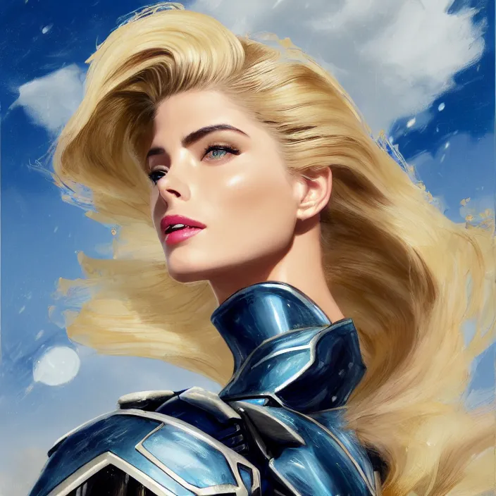 Image similar to A combination of Adriana Dxim's and Grace Kelly's and Ashley Greene's appearances with blonde hair wearing Interceptor's armor from Anthem, countryside, calm, fantasy character portrait, dynamic pose, above view, sunny day, thunder clouds in the sky, artwork by Jeremy Lipkin and Giuseppe Dangelico Pino and Michael Garmash and Rob Rey and Greg Manchess and Huang Guangjian, very coherent asymmetrical artwork, sharp edges, perfect face, simple form, 100mm