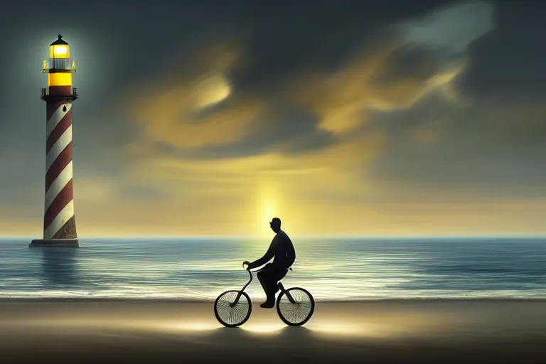 Prompt: photo of man riding a bicycle along the beach, glowing underwater toward a lighthouse in the distance, silhouette, wide horizon, large white clouds, intricate, elegant, highly detailed, digital painting, artstation, concept art, smooth, sharp focus, illustration, art by artgerm and greg rutkowski and fra angelico