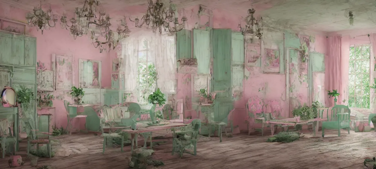 Prompt: Shabby-chic style room with distressed furniture and pastel colors, pleasant interior design, pink and green colors, Tropical interior lighting, rural view, pleasant design, messy, style of Elizabethan, 4k, wide perspective, grand composition, concept art, highly detailed, sublime, dramatic, cinematic, octane