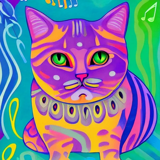 Prompt: portrait of a grey british shorthair cat sitting on wavy piano keys with musical notes in the background detailed colorful luminescent oil painting in the style of laurel burch and lisa frank 4 k