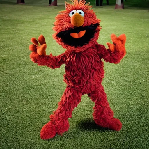 Image similar to a brown fluffy elmo muppet with big soft rabbit ears in a karate uniform out in nature, photography, photorealistic, muppet, national geohraphic, sesame street, puppet muppets