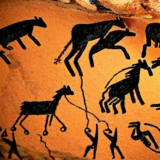 Prompt: hunting, paleolithic cave painting