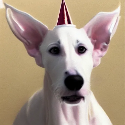 Prompt: A masterpiece portrait of a white greyhound puppy. Greyhound is wearing party hat. Very detailed. intricate, elegant, highly detailed. trending on artstation, digital art, by Stanley Artgerm Lau, WLOP, Rossdraws, James Jean, Andrei Riabovitchev, Marc Simonetti, Yoshitaka Amano