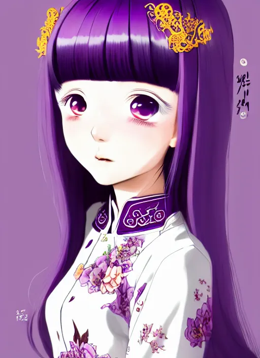 Image similar to full body illustration of an ulzzang korean girl purple hair with hime cut bangs, head slightly tilted, wearing an ornate cheongsam, ilya kuvshinov, anime, pixiv top monthly, trending on artstation, cinematic, danbooru, zerochan art, kyoto animation