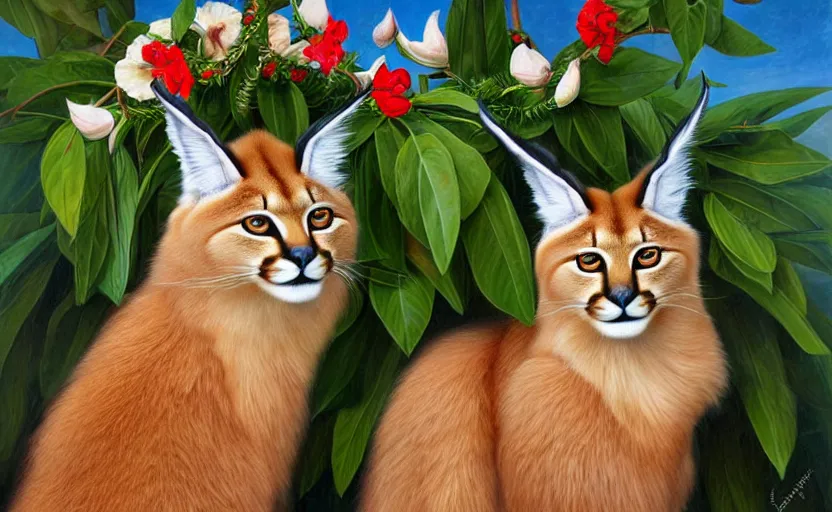 Image similar to fullbody portrait of cute fluffy caracal with laurel wreath on his head, chaplet on head, illustration, high detail, francine van hove