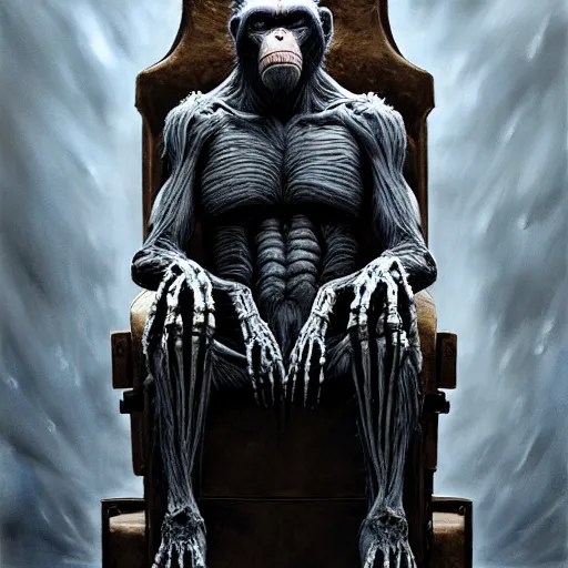 Image similar to koba from planet of the apes covered in scars and biomechanical upgrades sitting on a throne of human bones, hero character art, by chris leib and greg rutkowski and h.r. giger in a surreal portrait, oil on canvas, volumetric lighting, 8k, hd.