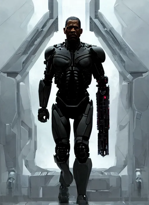 Image similar to denzel washington as victor stone, full body concept, cyborg, borg, strogg, face of a man, terminator, flesh, quake strogg, doom demon, wolfenstein, monstrous, powerful, symmetry, symmetrical, concept art by ruan jia and greg rutkowski