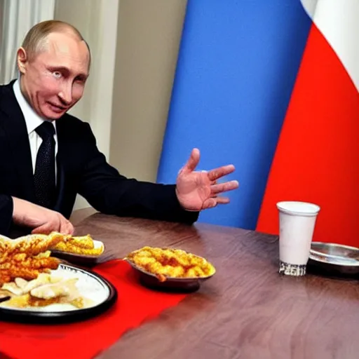 Image similar to Vladimir Putin enjoying dixie chicken after a long party, photo, iphone, camera