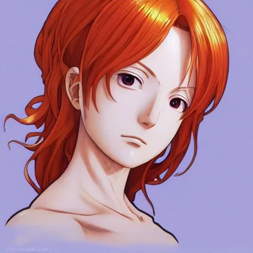 Image similar to intricately detailed vfx portrait of nami from one piece by eiichiro oda, makoto shinkai, alphonse mucha, art by artgerm and greg rutkowski, best of behance, concept art, matte, sharp focus, orange hair, elegant, adolphe bouguereau, annie leibovitz, stanley kubrick, cel shading, ray tracing, hdr,