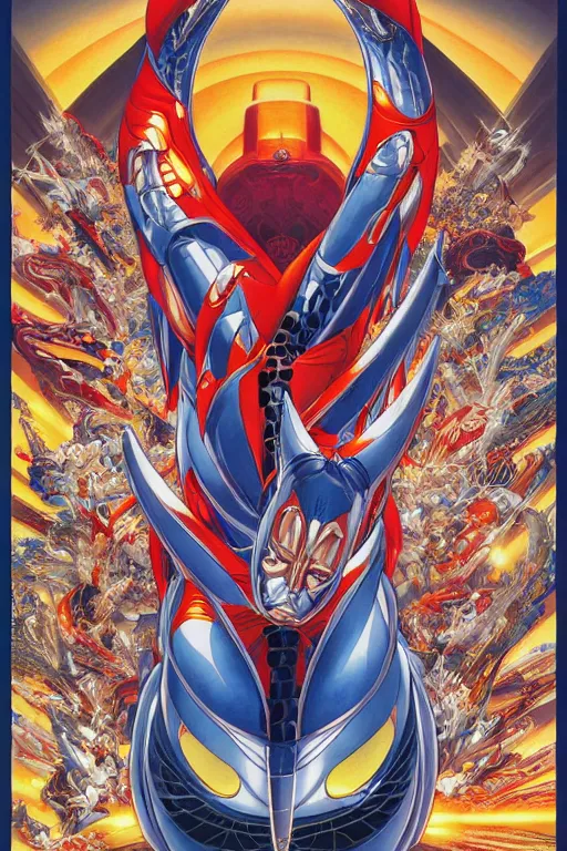 Image similar to poster of ultraman, symmetrical, by yoichi hatakenaka, masamune shirow, josan gonzales and dan mumford, deayami kojima, takato yamamoto, barclay shaw, karol bak, yukito kishiro