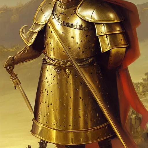 Prompt: man in decorated with gold 15 century crusader armor, helmet and white cape with cross holding decorated with gold sword on it standing at the gates of jerusalem drawn by greg rutkowski realistic high detail