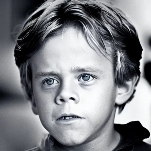 Image similar to film still of mark hamill as a kid in new star wars movie, dramatic lighting, highly detailed face, kodak film, wide angle shot,