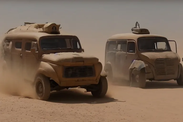 Prompt: epic sandstorm battle, Renault 4 Master cars in the Movie Mad Max: Fury Road (2015