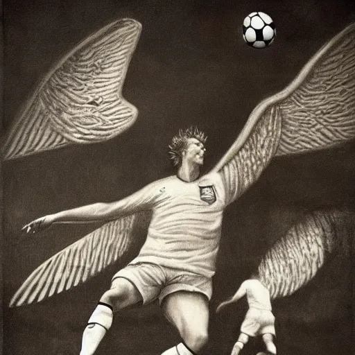 Image similar to soccer photography, goal keeper with wings, baroque painting