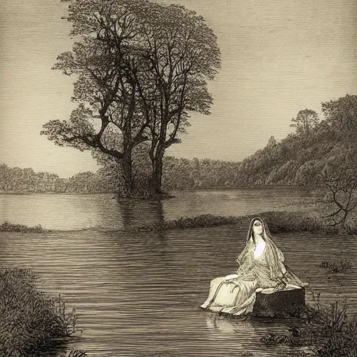 Prompt: a beautiful woman at a lake, illustration by Gustav Doré