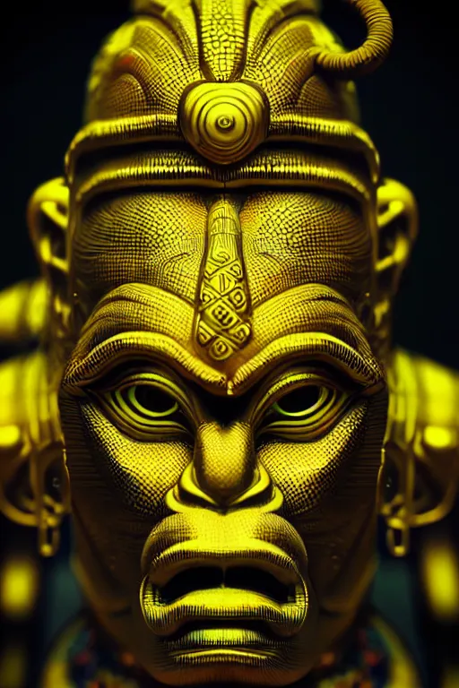 Image similar to high quality 3 d render hyperrealistic cyberpunk hanuman head building, neon yellow madhubani, highly detailed, in sci - fi mumbai, unreal engine cinematic smooth, liam wong, moody light, low angle, uhd 8 k, sharp focus