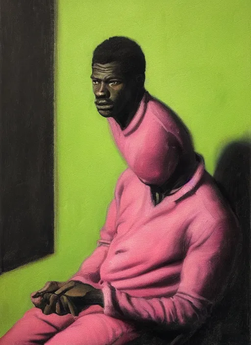Prompt: portrait of a ebony man who stares intently, very thoughtful, yet playful, but he can't do it, because he's not sugary, highly detailed oil painting, by francis bacon, edward hopper, adrian ghenie, glenn brown, soft light 4 k, pink and green colour palette, cinematic composition, cinematic lighting, high quality octane render, masterpiece