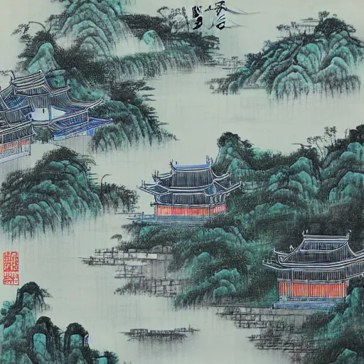 Prompt: an elegant painting of jiangnan pavilions, terraces towers and langfang, mountain stream tinkled in the stone fountains by guanzhong wu, using chinese ink style, traditional chinese painting done in blues and greens landscape