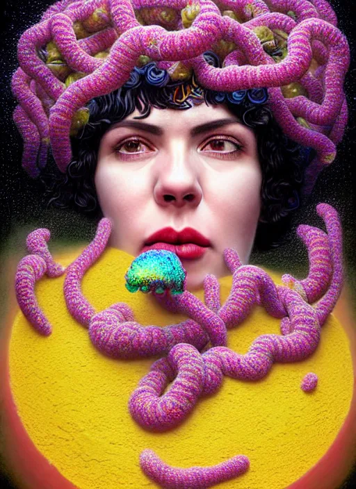 Image similar to hyper detailed 3d render like a Oil painting - Ramona Flowers with black hair in thick mascara seen seriously Eating of the Strangling network of colorful adorable yellowcake and aerochrome and milky Fruit and Her delicate Hands hold of gossamer polyp blossoms bring iridescent fungal flowers whose spores black the foolish stars by Jacek Yerka, Mariusz Lewandowski, Houdini algorithmic generative render, Abstract brush strokes, Masterpiece, Edward Hopper and James Gilleard, Zdzislaw Beksinski, Mark Ryden, Wolfgang Lettl, Dan Hiller, hints of Yayoi Kasuma, octane render, 8k
