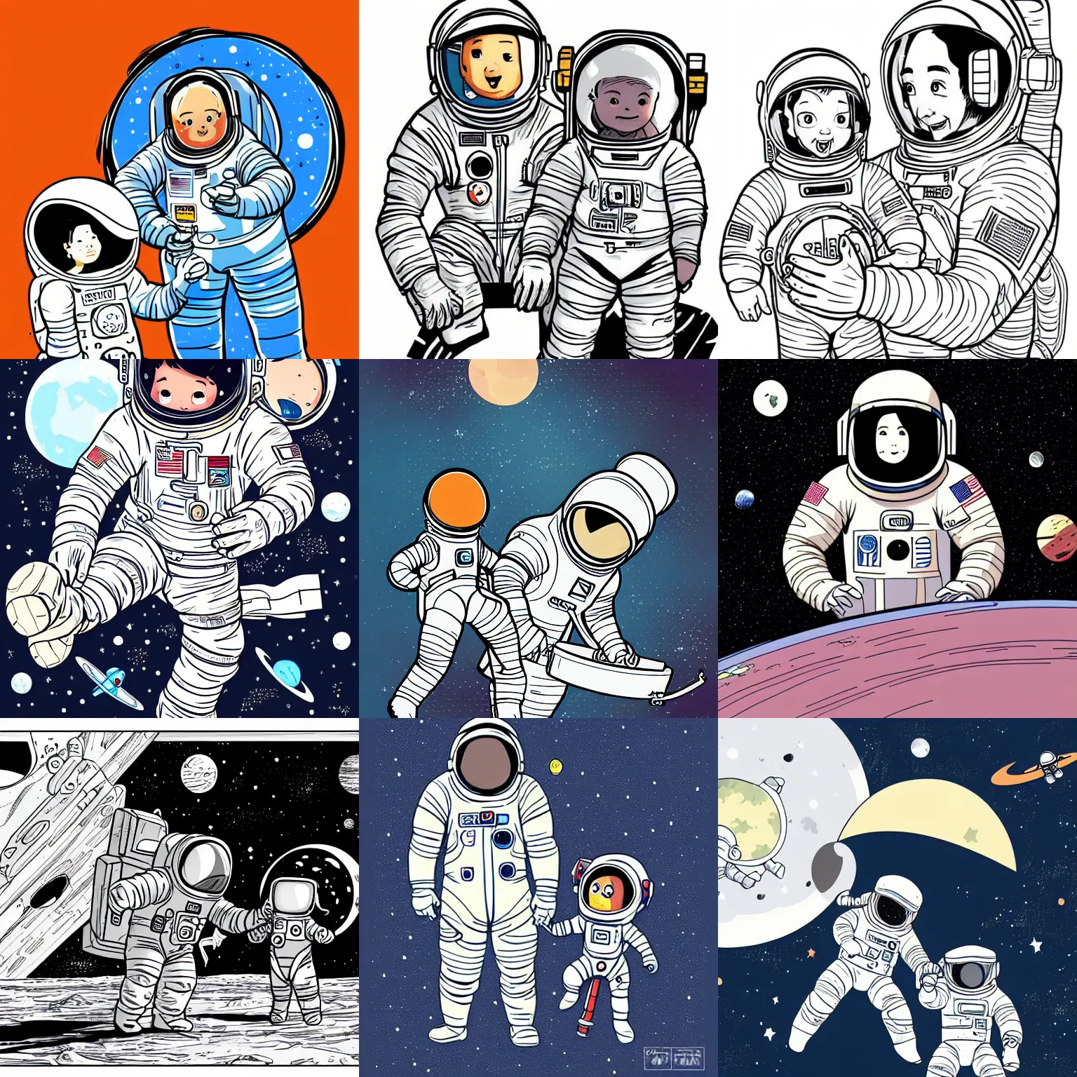 Image similar to an astronaut father and his toddler daughter, fully space suited, cartoon, illustration, comic, vector art, kim jung gi