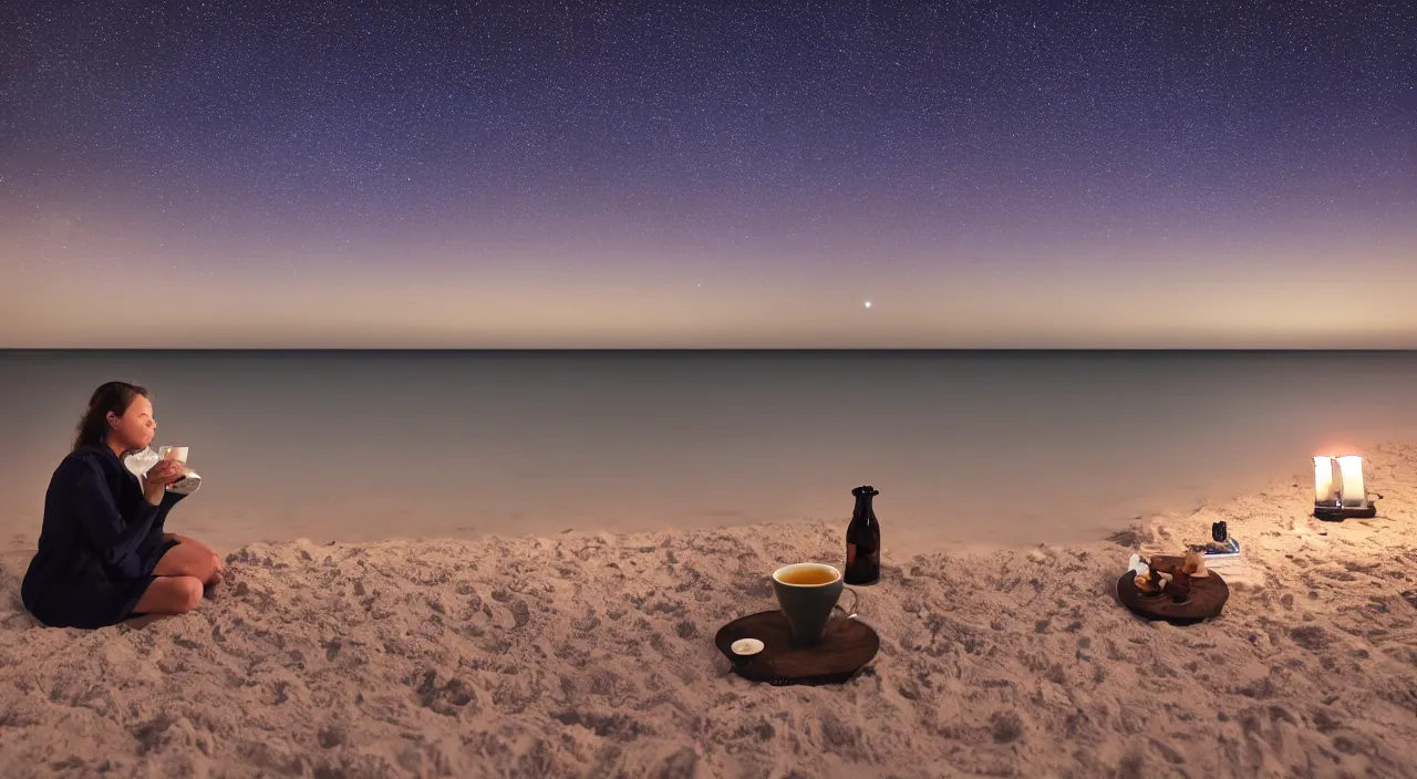 Prompt: someone drinking a cup of tea in the night while watching the stars in the middle of the beach, indigo ambient light