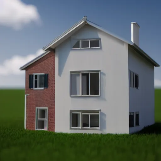 Prompt: architectural model, 3 d render, ground level camera, tilt - shift lens, two point perspective, house