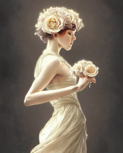 Prompt: woman dressed in a vaporous wrapped large victorian cream roses silk semi-transparent dress fashion is running D&D, fantasy, intricate, elegant, highly detailed, digital painting, artstation, concept art, matte, sharp focus, illustration, art by Artgerm and Greg Rutkowski and Alphonse Mucha