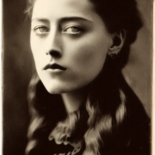 Image similar to victorian photograph of amber heard, 1 8 9 0 s photography, 1 9 0 0, realistic face, symmetrical face, studio photograph, grainy, edwardian, old photo