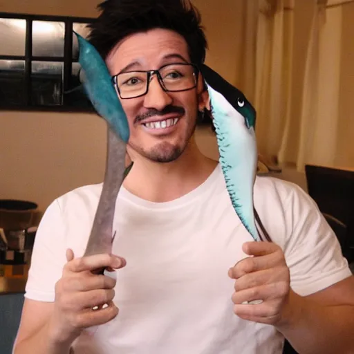 Image similar to markiplier with shark fins